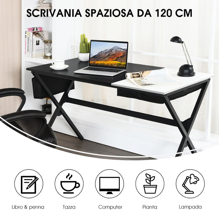 Scrivania per Computer da 120 cm, Scrivania con Cassetto e Tasca Portaoggetti Laterale, Tavolo per PC Moderno per Studio, Camera da Letto, Soggiorno e Ufficio