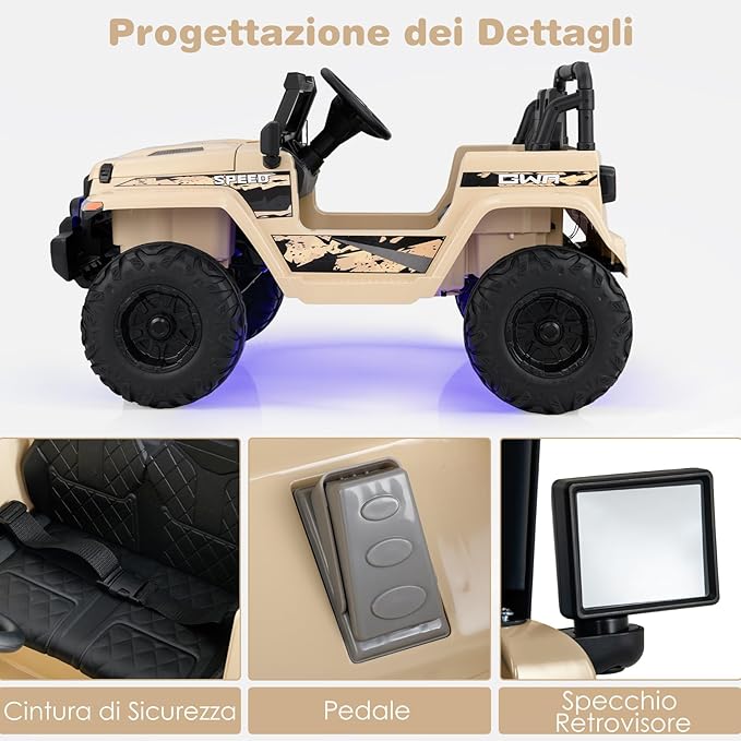 12V Auto per Bambini con Telecomando, Macchina Elettrica con 2 Posti Musica Porta USB e Luce, Velocità Regolabile 2,6-6km/h, per 3-8 Anni (Cachi)