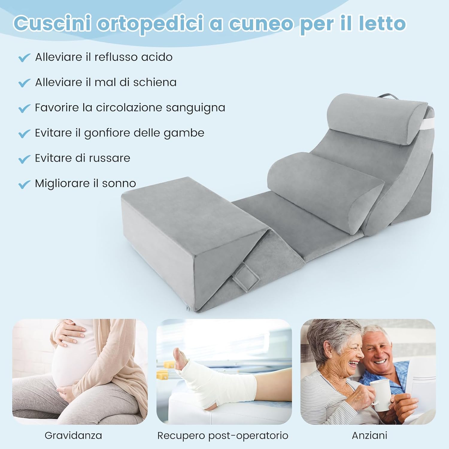 Set di 7 Cuscini per Letto/Divano, Cuscini per Corpo in Memory Foam Regolabili con Copertura Lavabile, Supporto per Testa, Collo, Schiena, Grigio