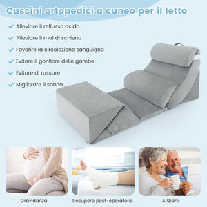 Set di 7 Cuscini per Letto/Divano, Cuscini per Corpo in Memory Foam Regolabili con Copertura Lavabile, Supporto per Testa, Collo, Schiena, Grigio