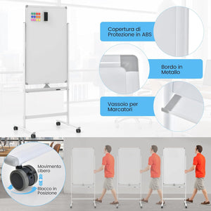 Lavagna Bianca Portatile con Ruote, Lavagna a Secco Reversibile con Pennarelli, Cancellino, Lavagna Bianca Regolabile in Altezza per Scuola, Ufficio, Casa, 68 x 56 x 155,5-183,5 cm (Bianco)
