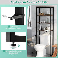 Scaffale Bagno 60 x 24 x 177 cm, Mobile Bagno Salvaspazio con 4 Ripiani in Legno e Telaio in Metallo, Mobiletto sopra Gabinetto per Soggiorno e Balcone, Nero e Marrone