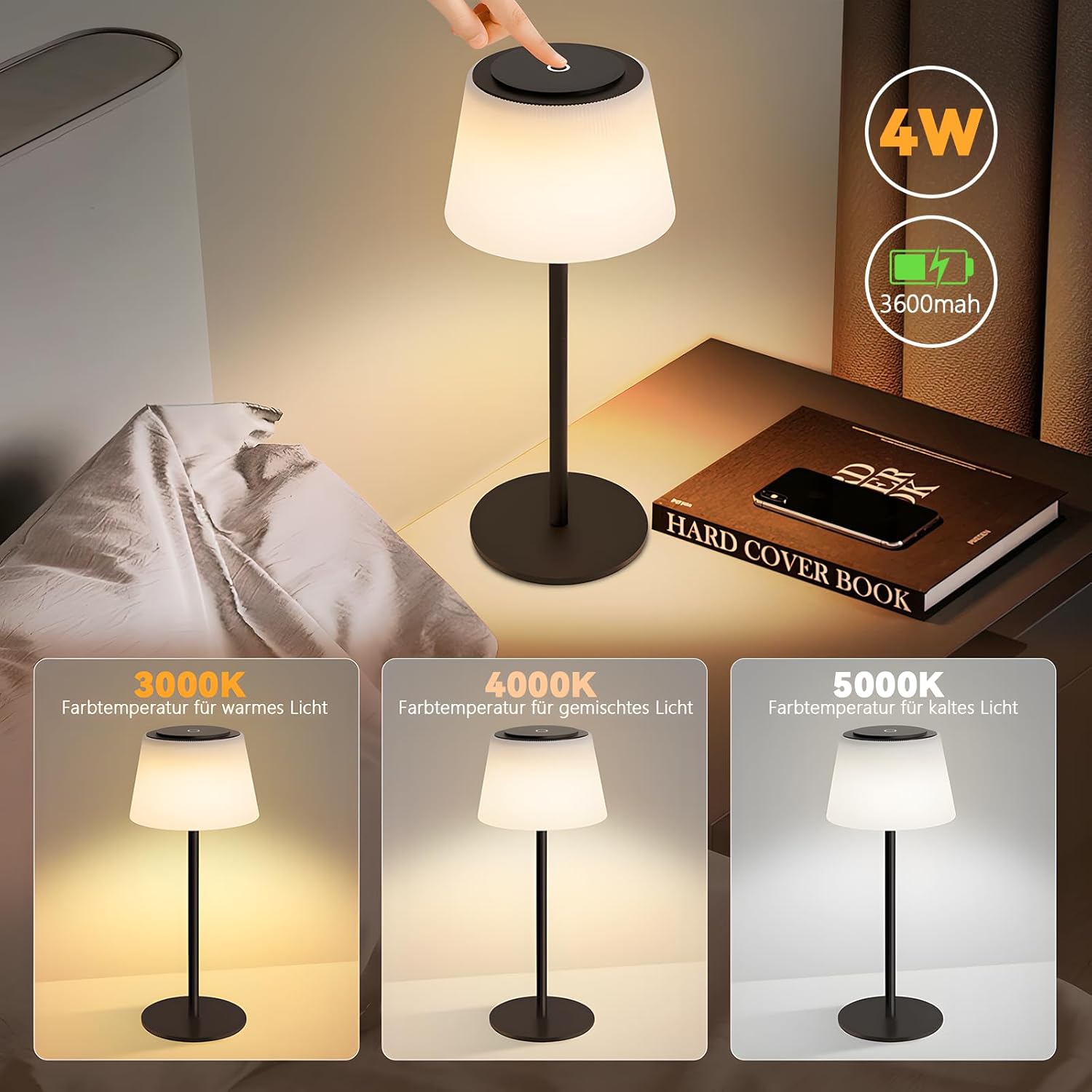 ZMH Lampada da tavolo LED moderna touch dimmerabile 3600mAh batteria per soggiorno