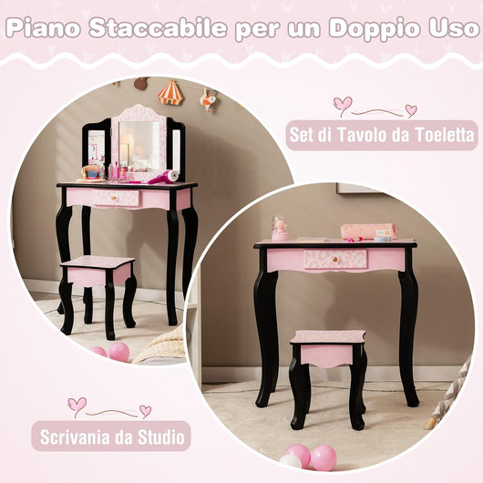 2 in 1 Toeletta Trucco per Bambini con Sgabello, Tavolo per Trucco con Specchio Triplo e Cassetto, Specchio Rimovibile, 3 Anni +