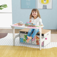 Cassapanca Contenitore 3 in 1 per Bambini Trasformabile in Legno con 2 Cassetti in Tessuto, Tavolo bambini con Sedie Multifunzione, Scatola dei Giocattoli per 3-7 Anni (Bianco)