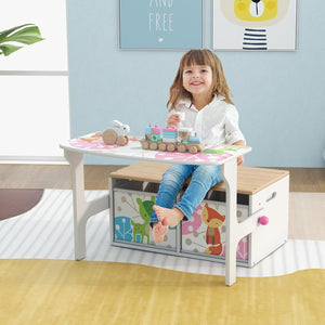 Cassapanca Contenitore 3 in 1 per Bambini Trasformabile in Legno con 2 Cassetti in Tessuto, Tavolo bambini con Sedie Multifunzione, Scatola dei Giocattoli per 3-7 Anni (Bianco)