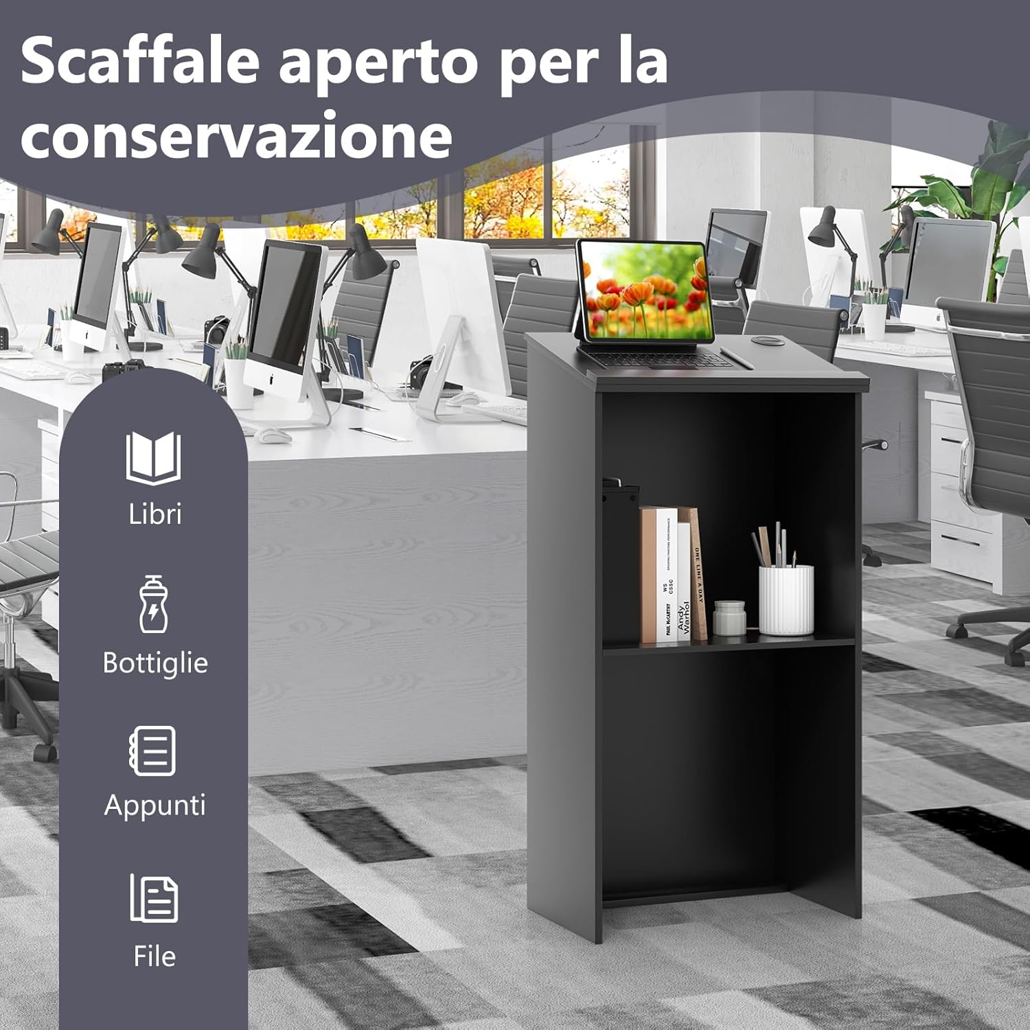 Leggio per Oratori, Podio per Conferenza con Ripiani e Fori per Cavi, Leggio da Pulpito in Legno per Aula, Ufficio, Ristorante e Seminario, Nero