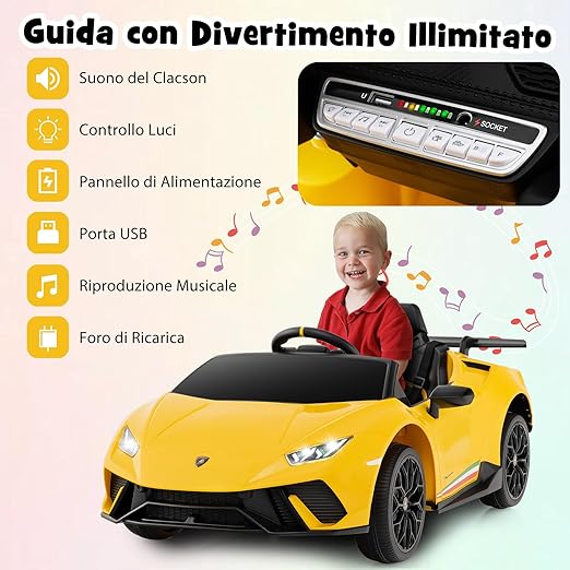 12V Lamborghini Auto Elettrica per Bambini, Macchina Elettrica Cavalcabile con Telecomando, Luci LED Musica e Funzione di Avvio Lento, 3-5 Km/h, per Bambini 3 Anni+ (Giallo)
