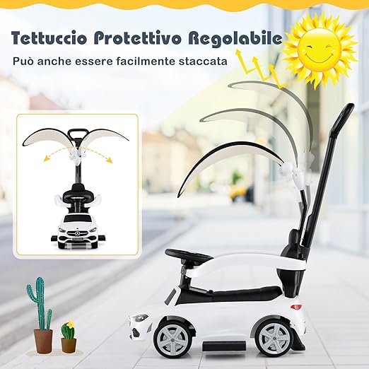 3 in 1 Auto a Spinta, Mercedes-Benz Macchina Cavalcabile, con Schienale Regolabile Suono Barra di Spinta e Tettuccio, per Bambini 18-36 Mesi (Bianco)