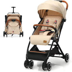 Passeggino Pighevole per Bmabini, Passeggino con Schienale e Poggiapiedi Regolabili, Passeggino Leggero Portata 15 kg, con Cappottina e Zanzariera, per Bambini 0-3 Anni (Beige)