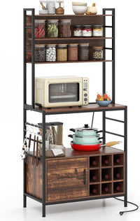 Scaffale da Cucina con Multipresa, Scaffale per Microonde su 5 Ripiani, Mensola da Cucina con 4 Ganci e 9 Portabottiglie di Vino per Sala Pranzo, 107 x 37 x 160 cm (Marrone)