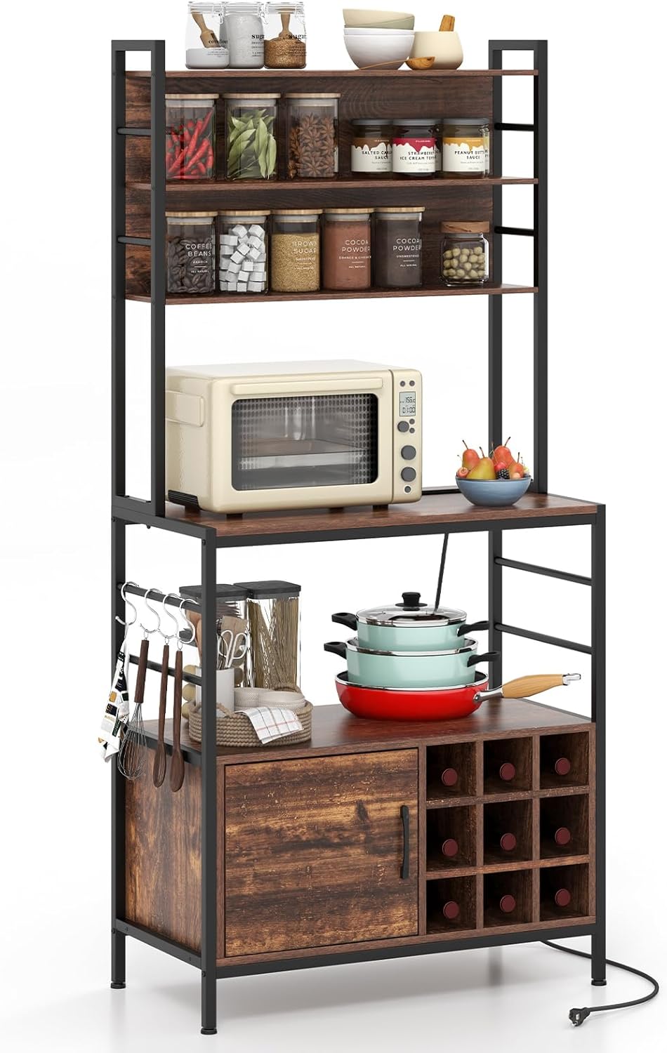 Scaffale da Cucina con Multipresa, Scaffale per Microonde su 5 Ripiani, Mensola da Cucina con 4 Ganci e 9 Portabottiglie di Vino per Sala Pranzo, 107 x 37 x 160 cm (Marrone)