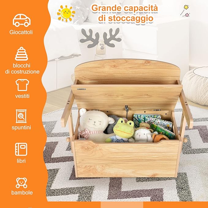 Cassapanca Contenitore 3 in 1 per Bambini Trasformabile in Legno con Scatola dei Giocattoli, Tavolo bambini con Sedie Multifunzione per 3-7 Anni (Naturale)
