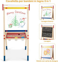Cavalletto per Bambini 3 in 1, Lavagna Bifacciale, Cavalletto per Disegnare, con Rotolo di Carta, Lavagna Bianca Magnetica, Accessori Completi, in Legno (60x55x(112,5-124,5) cm)