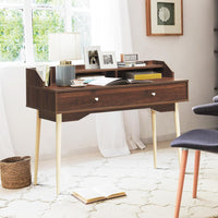 Scrivania con Cassetto, Tavolo per Casa e Ufficio con Gambe Resistenti in Legno di Gomma e 2 Scompartimenti, Ideale per Salone Studio Camera da Letto, 120 x 50 x 93 cm (Marrone)