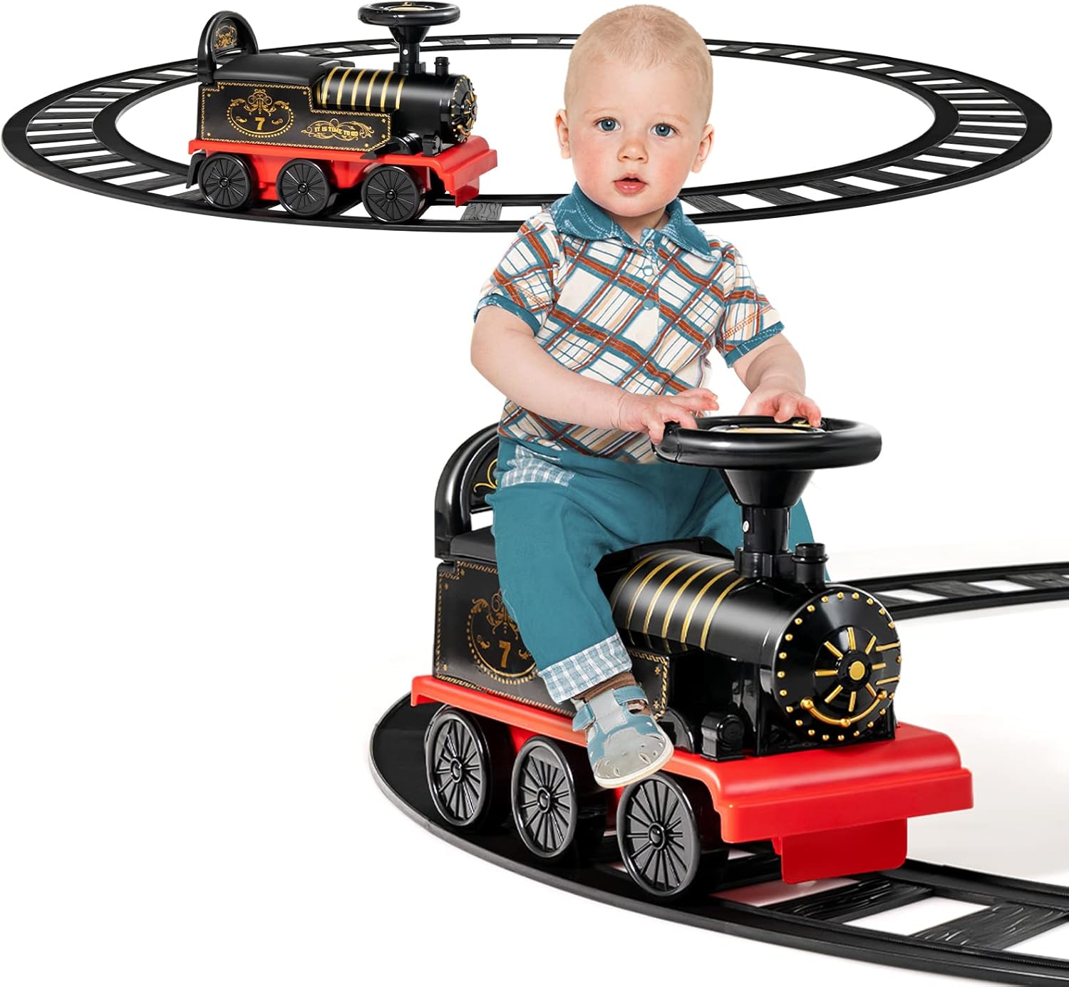 Trenino Elettrico per Bambini, Treno Giocattolo con 16 Pezzi di Binari, con Luci e Suoni, Scatola di Stoccaggio, Regalo per Bambini Anni 3+, Nero