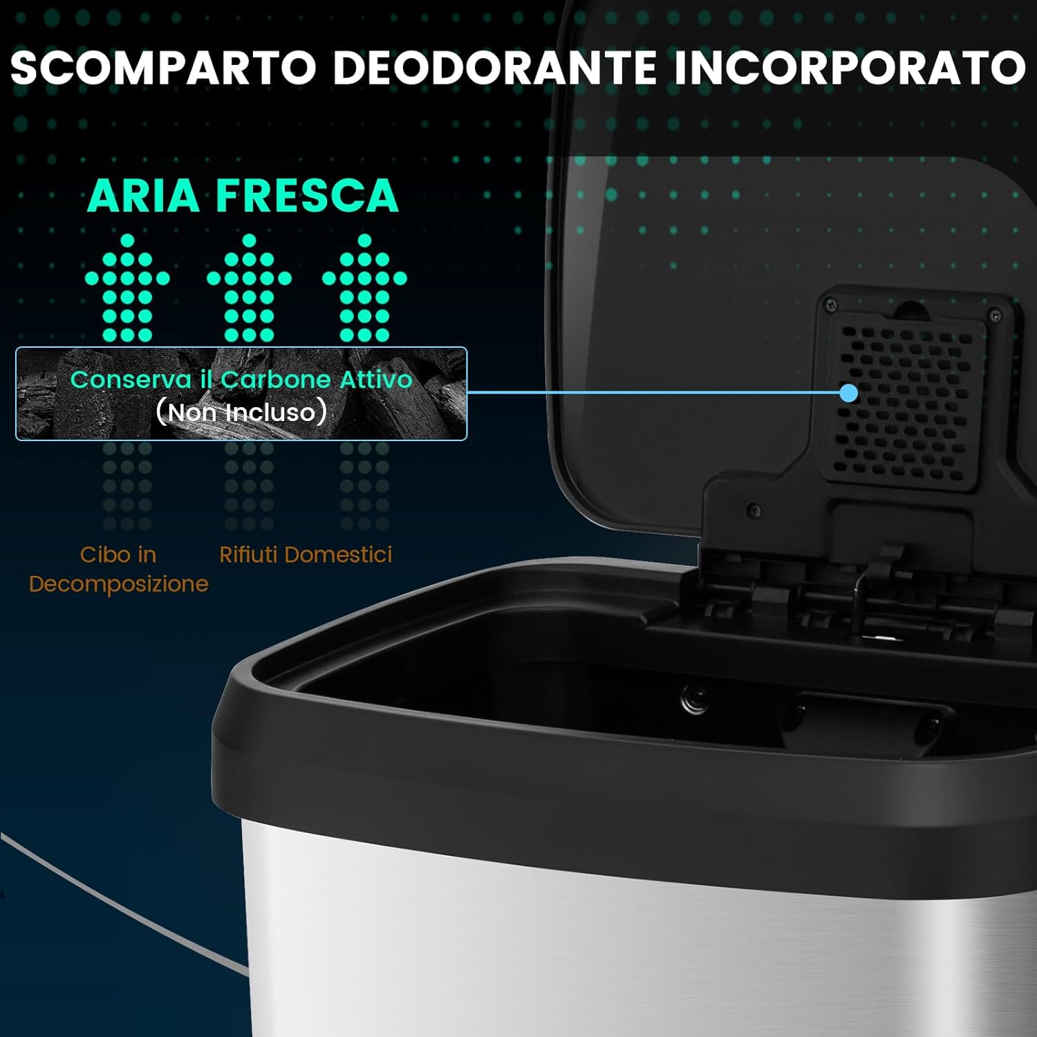 Bidone per Pattumiera, Pattumiera da Cucina con Pedale, Coperchio e Scomparto Deodorante, Ideale per Casa Ufficio, Rosa Dorato/Argento (68L, Argento)