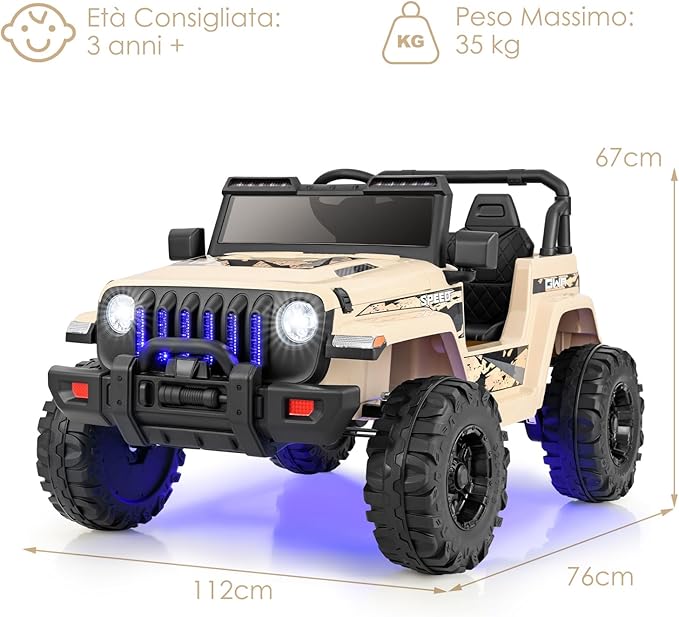 12V Auto per Bambini con Telecomando, Macchina Elettrica con 2 Posti Musica Porta USB e Luce, Velocità Regolabile 2,6-6km/h, per 3-8 Anni (Cachi)