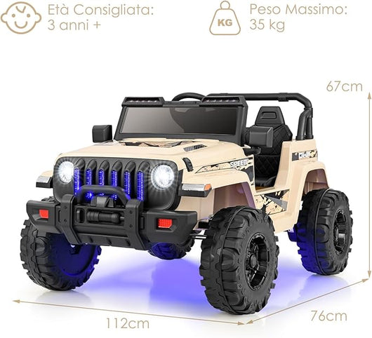 12V Auto per Bambini con Telecomando, Macchina Elettrica con 2 Posti Musica Porta USB e Luce, Velocità Regolabile 2,6-6km/h, per 3-8 Anni (Cachi)