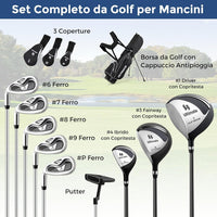 Set Completo di Mazze da Golf per Mancini da Uomo, Borsa Portatile con Supporto e Cappuccio Antipioggia, Include Driver 1 da 460CC, Fairway 3, Ibrido 4, Ferri 6, 7, 8, 9, P e Putter (Nero)