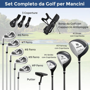 Set Completo di Mazze da Golf per Mancini da Uomo, Borsa Portatile con Supporto e Cappuccio Antipioggia, Include Driver 1 da 460CC, Fairway 3, Ibrido 4, Ferri 6, 7, 8, 9, P e Putter (Nero)