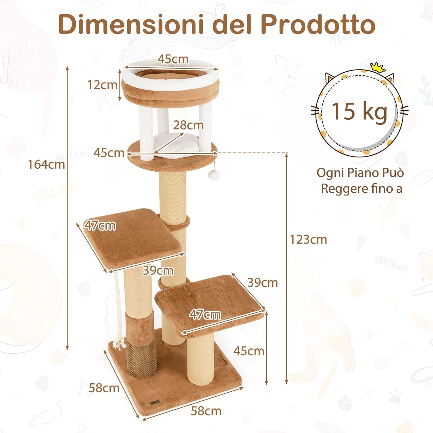 Tiragraffi per Gatto Alto 165 cm, Albero Tiragraffi Gatto con 4 Piattaforme, 4 Pali Sisal, Spazzola, Corda e Palla Pompon, Torre Tiragraffi per Gatti Imbottito Rimovibile, Caramello