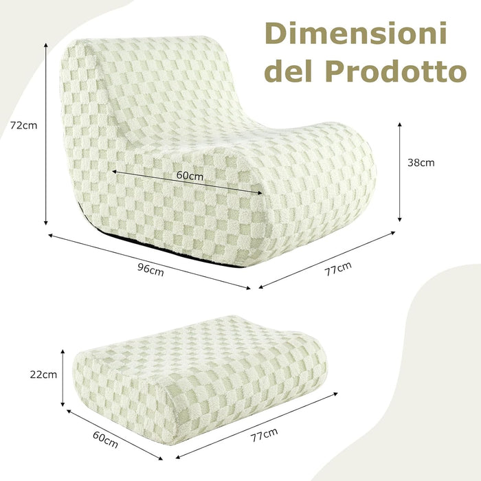 Sedia a Sacco con Pouf, Divano in Spugna ad Alta Elasticità, Fondo Antiscivolo e Copertura in Velluto Lavabile, Comoda Poltrona Pigra per Soggiorno Camera da Letto Sala Lettura (Verde)