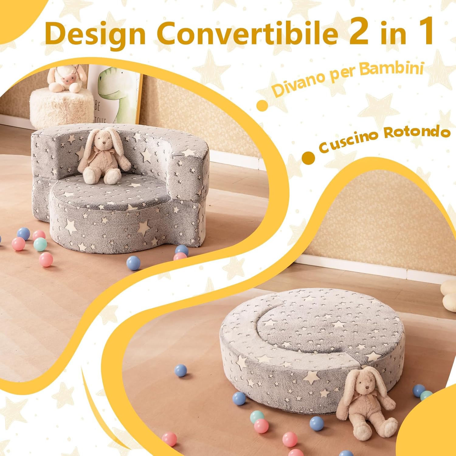 Divano in Schiuma Luminoso al Buio, Divano 2 in 1 per Bambini con Copertura Rimovibile e Lavabile, Poltrona per Bambini 3+ Anni per Cameretta e Soggiorno, 80 x 64 x 40 cm
