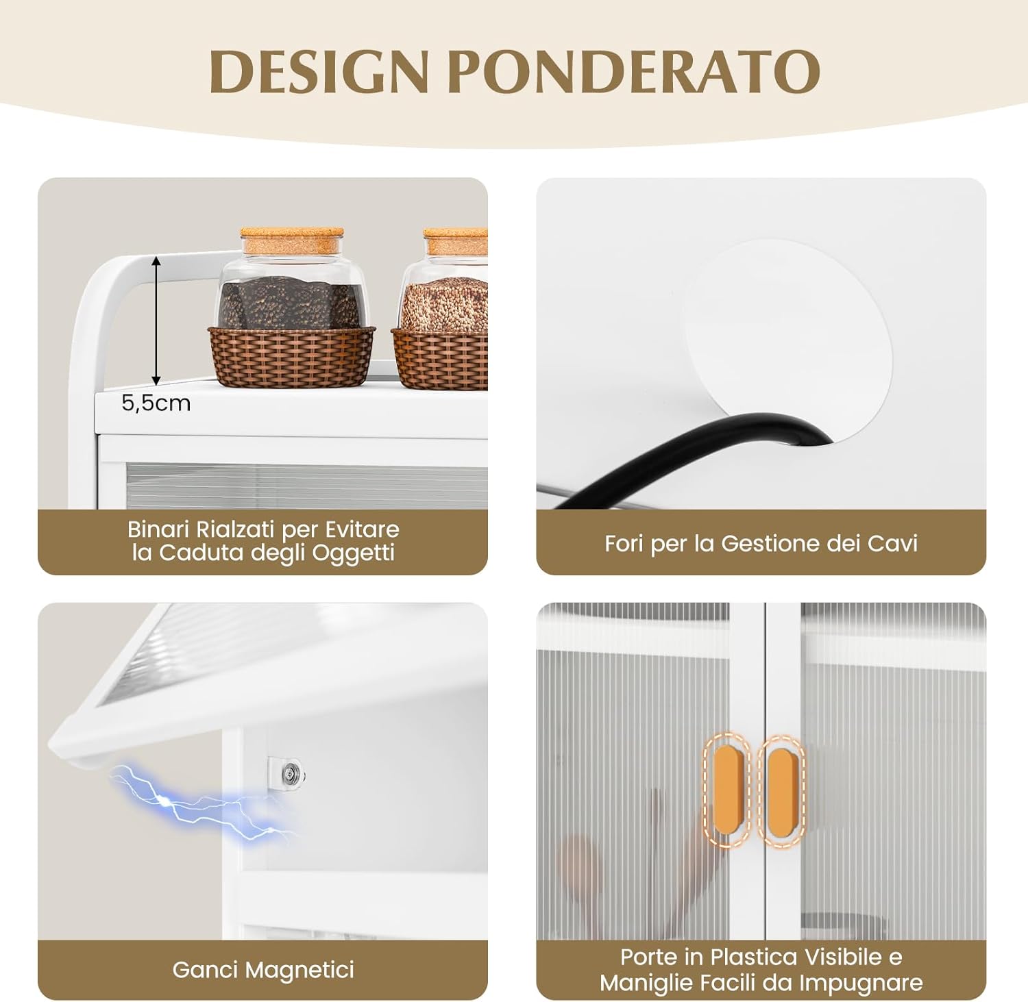 Mobile Dispensa per Cucina, Mobile da Forno Autonomo con Pannello Forato, Porte Trasparenti, Ripiano Regolabile, 8 Ganci e 1 Cestello appendibile, 76 x 36 x 161 cm