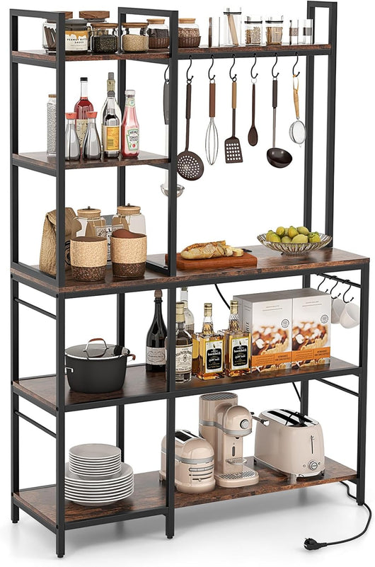 Scaffale da Cucina su 5 Ripiani, Scaffale per Microonde con Multipresa, Mensola da Cucina Struttura in Metallo con 10 Ganci, per Sala Pranzo e Pannettiera, 107 x 37 x 160 cm, Marrone Vintage