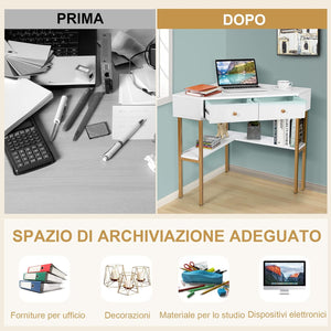 Scrivania Angolare per Computer in Legno, Scrivania Porta PC con 2 Cassetti e Ripiani, Scrivania Salvaspazio e Moderna per Casa e Ufficio, 70,5 x 70,5 x 75 cm (Bianco)