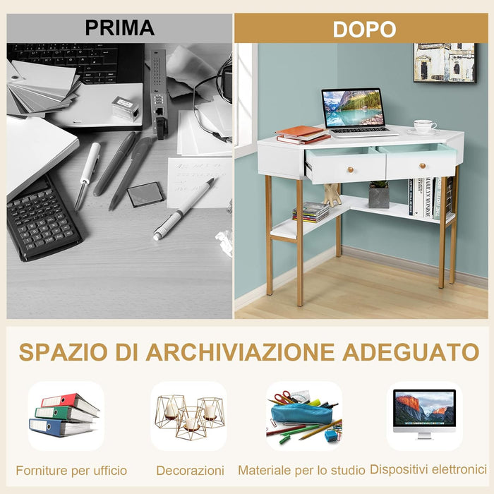 Scrivania Angolare per Computer in Legno, Scrivania Porta PC con 2 Cassetti e Ripiani, Scrivania Salvaspazio e Moderna per Casa e Ufficio, 70,5 x 70,5 x 75 cm (Bianco)
