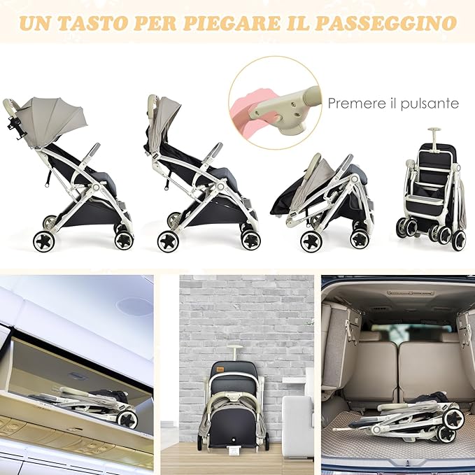 Passeggino Leggero per Bambini, Carrozzina con Schienale Regolabile, Passeggino Pieghevole con Ruote Universali, Sacco a fondo,per Bambini 0-36 Mesi, Portata 15 kg(Grigio)