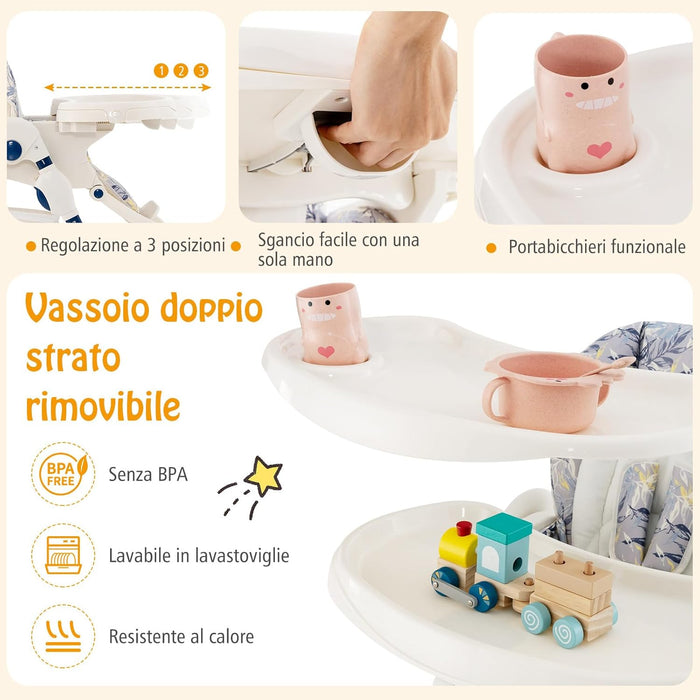 Seggiolone Pappa per Bambini e Neonati, Seggiolone Pieghevole Multifunzione con Ruote, Altezza Regolabile, Poggiapiedi e Schienale, Vassoio Rimovibile, per 6-36 Mesi (Blu)