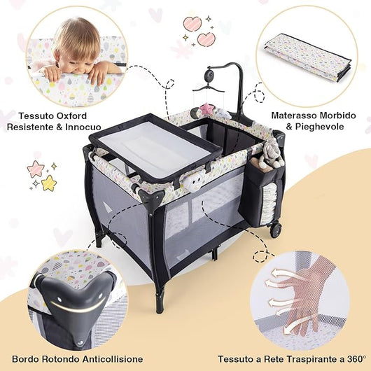 3 in 1 Lettino da Viaggio per Neonati, Lettino da Campeggio Portatile per Bambini con Culla e Fasciatoio Rimovibile, Materasso Rimovibile, per Bambini 0-36 Mesi (Colorato)