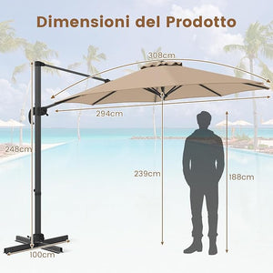 Ombrellone da Esterno 294 cm, Ombrellone con Rotazione a 360°, 5 Angoli di Inclinazione Regolabili, Base a Forma di Croce, 8 Stecche, Ombrellone per Giardino, Piscina, Cortile