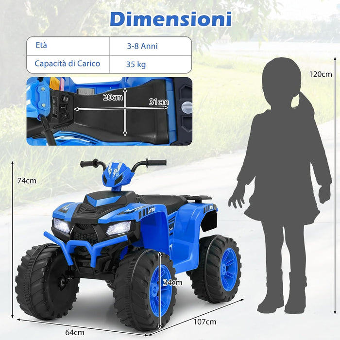 24V Quad Elettrico per Bambini, Macchina Elettrica Cavalcabile con Musica Radio Luci a LED, Avvio Lento, Velocità Fino a 5km/h, per Bambini 3-8 Anni (Blu)
