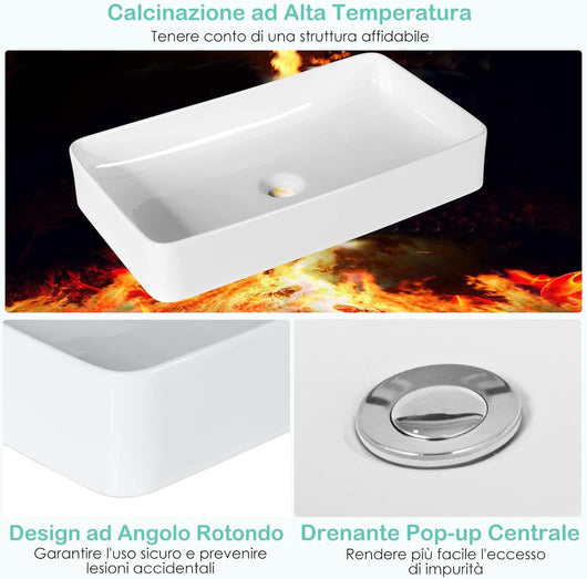 Lavabo da Bagno in Ceramica, Lavandino da Bagno Rettangolare 60 x 35 cm, con Scarico a Scomparsa, Ideale per Casa Ristorante Hotel, Bianco