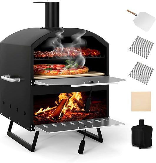 Forno per Pizza a Legna da Esterno da 40 cm, Bruciatore Pizza a 2 Strati con Pietra Quadrata, Pala per Pizza, Griglie da Cucina e Copertura, Forno Portatile per Campeggio, Giardino, BBQ
