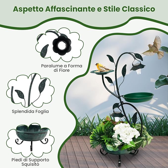Mangiatoia per Uccelli da Giardino 83CM, Vasca per Uccelli da Esterno Alimentata a Energia Solare con Piedistallo per Fiori e 2 Luci LED, per Giardino, Cortile e Prato, Bronzo