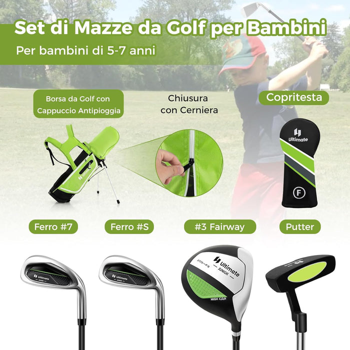 Set di Mazze da Golf per Bambini 5-7 Anni, Set Allenamento Golf con Sacca, Fodera Impermeabile, Legno di Fairway 3, Ferro 7, Ferro S e Putter per Bambini e Bambine, Destrorso