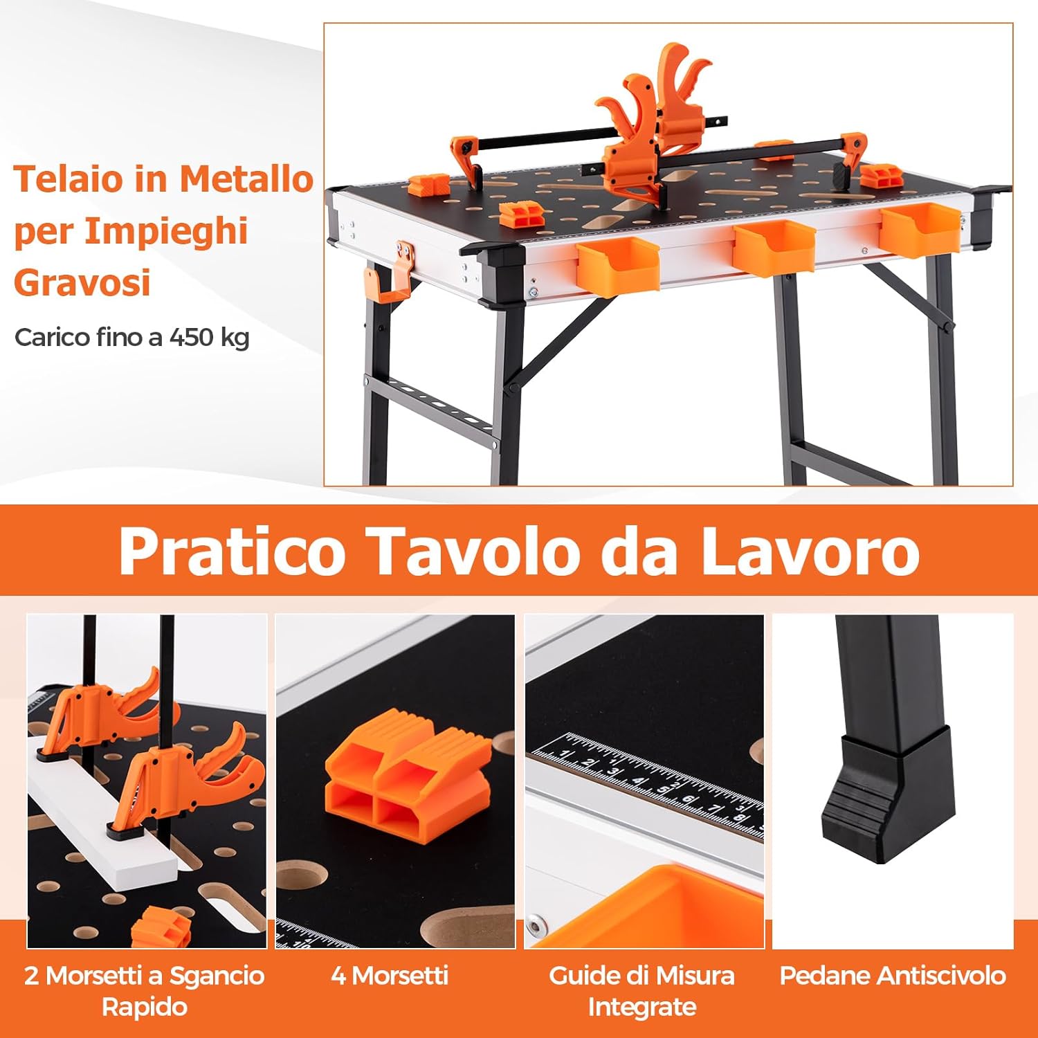 Banco da Lavoro Pieghevole, Tavolo da Lavoro Portatile con 2 Morsetti Rapidi e 4 Clamp Dogs, Telaio in Alluminio e Metallo, Capacità di Carico 454 KG (Modello 3)