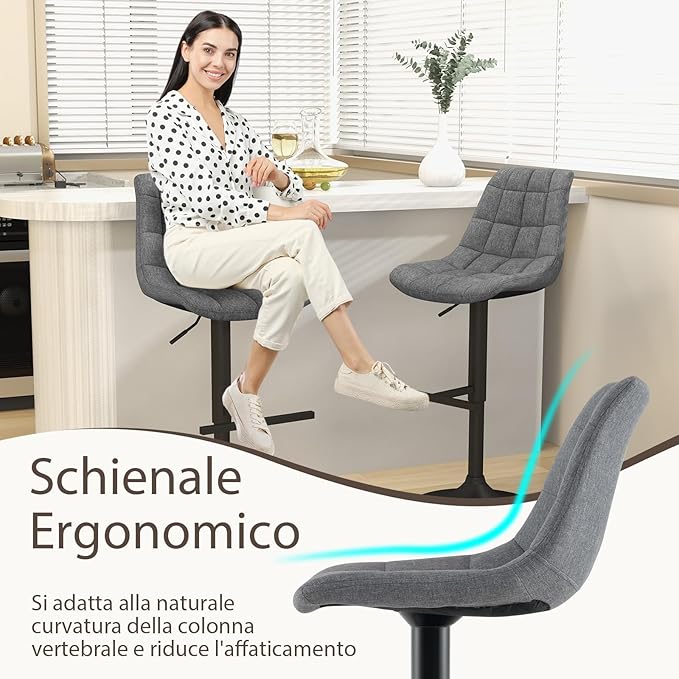 2 Sgabelli Regolabile in Altezza in Tessuto, Sgabello Cucina Girevole a 360° con Poggiapiedi e Seduta Imbottita, Sedia Portata 150 kg per Sala da Pranzo e Penisola Cucina