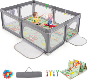 Recinto per Bambini con Materasso, Box per Bambini con Tappetino, Rete Traspirante e Apertura a Cerniera, Box Giochi con Borsa, 4 Impugnature e 50 Palline, per Bambibi 0-3 Anni (Grigio Scuro)