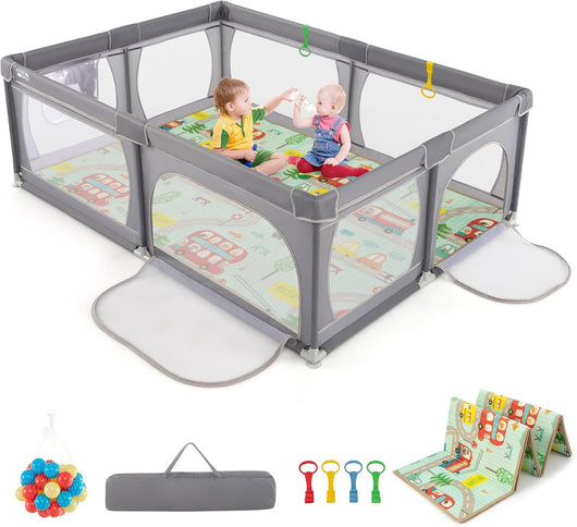 Recinto per Bambini con Materasso, Box per Bambini con Tappetino, Rete Traspirante e Apertura a Cerniera, Box Giochi con Borsa, 4 Impugnature e 50 Palline, per Bambibi 0-3 Anni (Grigio Scuro)