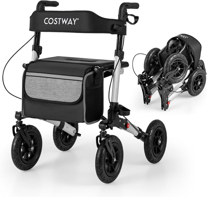 Deambulatore Pieghevole per Anziani in Alluminio, Rollator Regolabile in Altezza con Seduta, Schienale e Freni, Girello per Anziani con Borsetta, Carico Massimo 140 kg (Argento)