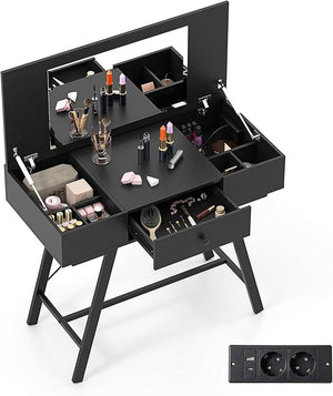 2 in 1 Tavolo da Trucco Pieghevole, Tavolo da Toeleta con Specchio a Ribalta, Stazione di Ricarica, 6 Scomparti, Cassetto, Piano di Lavoro, per Soggiorno Camera da Letto (Nero)