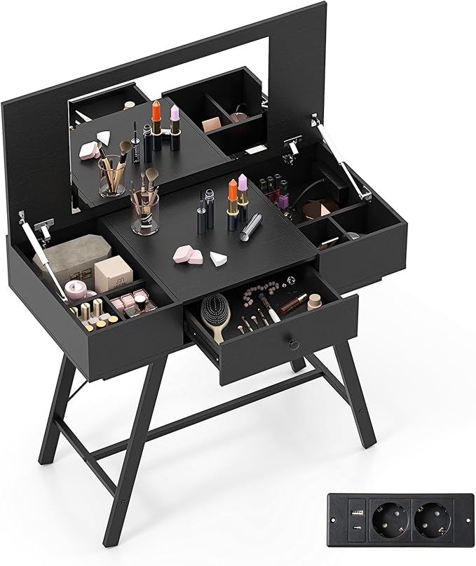 2 in 1 Tavolo da Trucco Pieghevole, Tavolo da Toeleta con Specchio a Ribalta, Stazione di Ricarica, 6 Scomparti, Cassetto, Piano di Lavoro, per Soggiorno Camera da Letto (Nero)