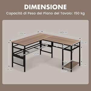 Scrivania Angolare da 140CM, Scrivania ad Angolo Porta PC Reversibile con Ripiani a Rete, Supporto CPU, Scrivania a Forma di L Salvaspazio per Ufficio e Casa