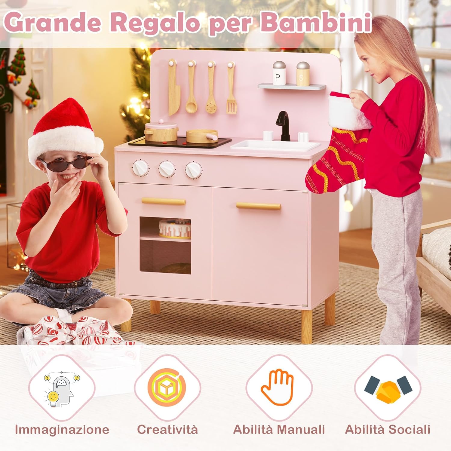 Cucina Giocattolo con Fornelli a Suoni e Luci Reali, Cucina per Bambini in Legno con Lavandelo Estrabile, Rubinetto e Forno, Set Cucina con 11 Accessori, 55 x 31 x 75 cm (Rosa)